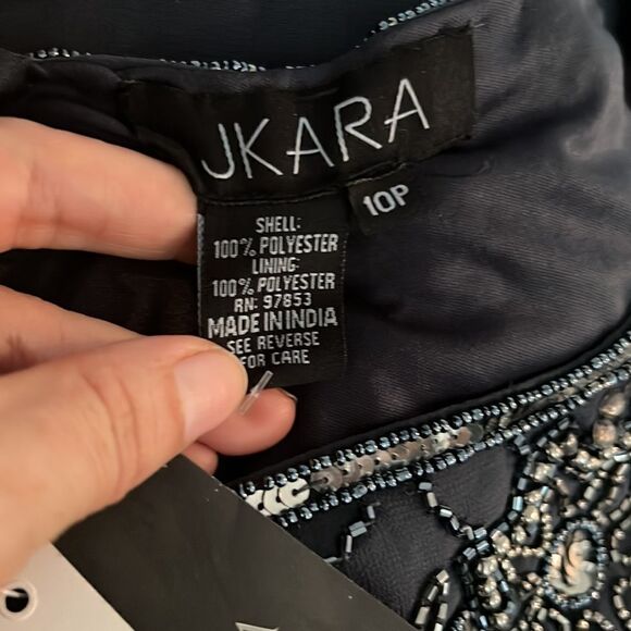 NWT J Kara V-Neck Beaded Cap Sleeve V Neck Maxi Evening Sheath beaded grey Dress - Picture 8 of 8